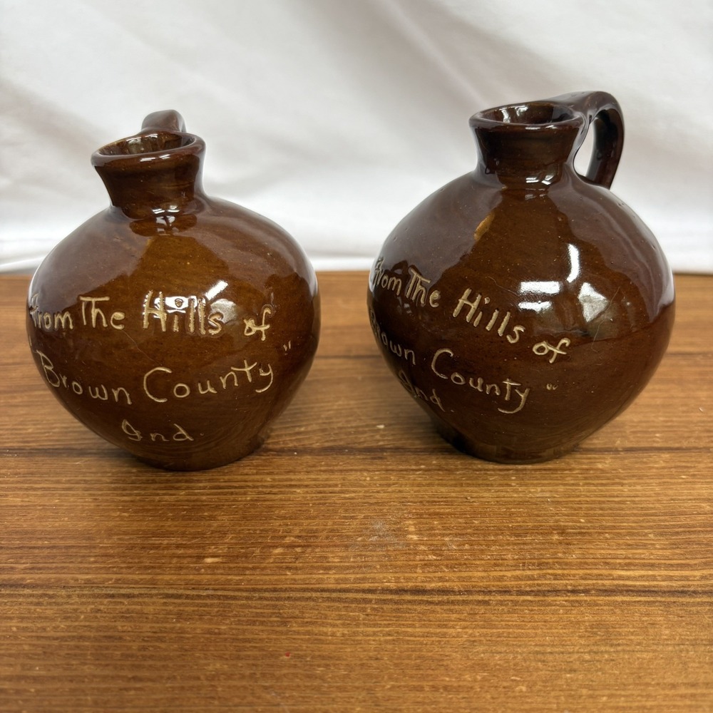 Miniature Pottery Jugs Set 3" Brown Indiana Souvenir Folk Art Country